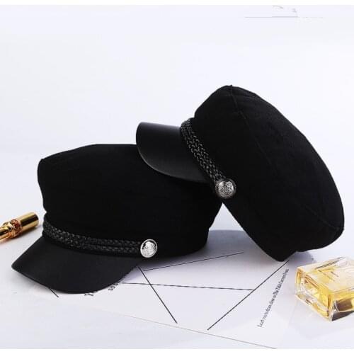 Fashion New Military Cap England Retro Octagonal Cap Black Woolen All Suit Berets Button Hemp Rope Hats For Men Women