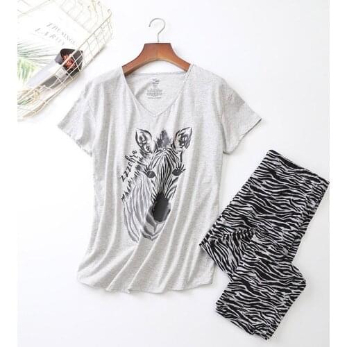 Ladies Pajamas Set Summer/Spring New Cartoon Zebra Printed Sleepwear V-Neck Top+Pants 2Pcs Korean Style Thin Large Size Homewear