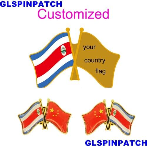 Costa Rica Crossed Friendship Flag Double Country lapel pin Brooch USA UK France Chile Russia Saudi Arabia Japan Spain Badge