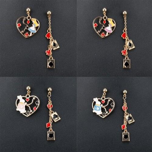 Fashion Womens Earring Cartoon Enamel Alice Wonderland Rabbit Bunny Asymmetric Anime Princess Pendant Girl Party Gift