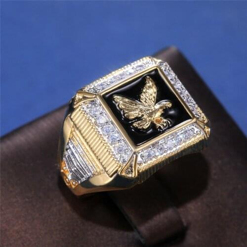 Mens Fashion Eagle Ring Vintage Yellow Gold Filled Square Rhinestone Rings For Male Hip Hop Jewelry Men Engagement Promise Ring