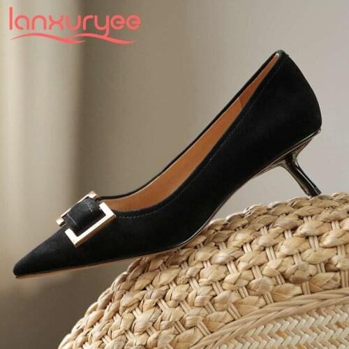 Lanxuryee nightclub fashion sheep suede metal decorations pointed toe med strange heel slip on mature elegant women pumps L00