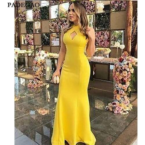 New Simple Halter Backless Yellow Long Evening Dresses Sleeveless Mermaid Evening Dress Plus Size Custom Made