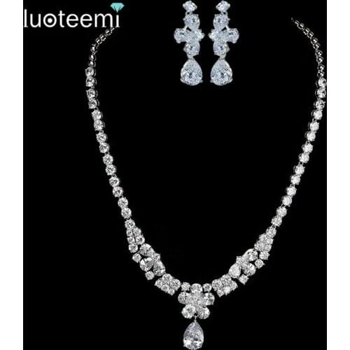 LUOTEEMI New Arrival Women AAA Zircon Big Waterdrop Pendant Clear CZ Wedding Bridal Sets Luxury Jewelry Wholesale
