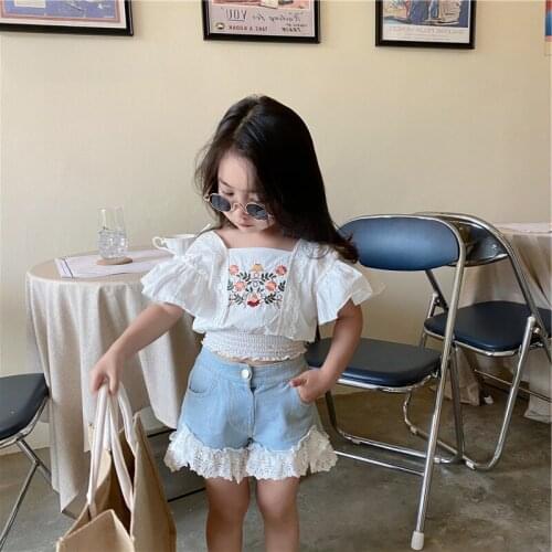 Baby Girls 2PCS Clothing Korean Fashion Toddler Kids Lace Embroidery Floral Cotton Crop Tee Tops+Denim Shorts Children Suits Set