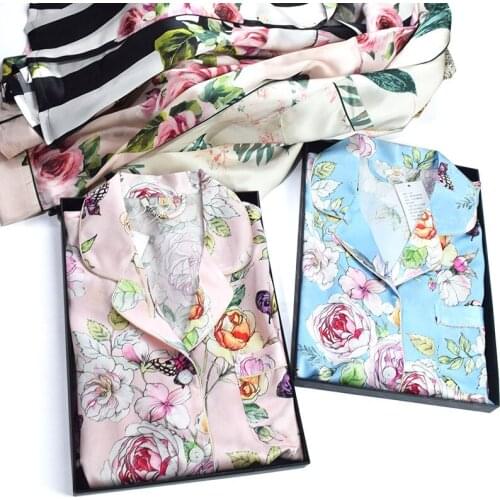 100% Silk Pajamas For Women Mulberry Pyjamas Set Suit Ladies Spring Summer New Thicken Silk Printing Floral Suit 19 Momme