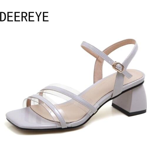 Simple Transparent Clear PVC 2 Straps Chunky Block High Heel Ankle Buckle Wrap Luxury Brand Square Toe Shoes Women 2021