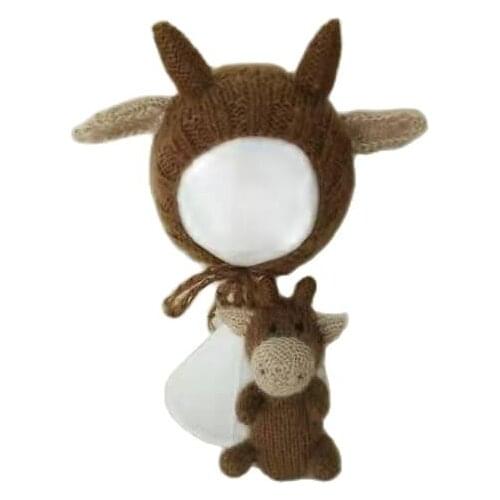 Handmade Newborn Cow Hat Toy Photography Prop Knit Stuff Animal Bonnet Doll Set Baby Photo Props