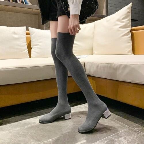 Over the knee boots womens thick heel 2021 new rhinestone stretch knitted wool socks boots