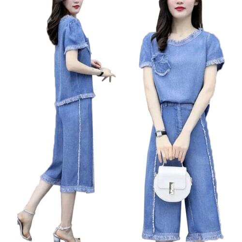 Female Summer New Loose 2-Piece Set 2021 Women Denim Wide-leg Pants Suit Ladies Fashion Two-Piece Suit Cropped Trousers Set 4XL