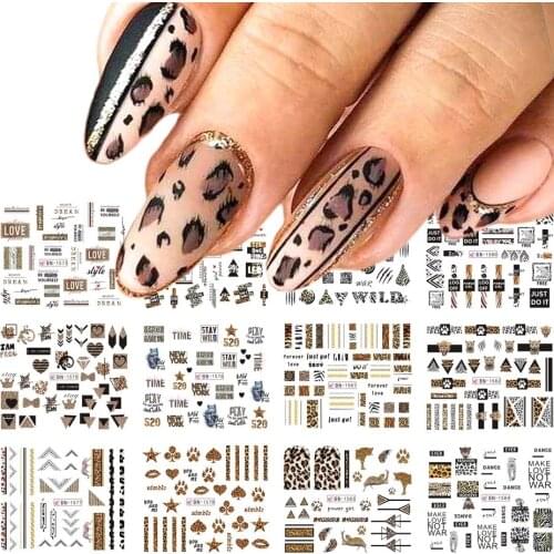 12pcs Leopard Letters Nail Sticker Slider Water Transfer Decals Sexy Animal Nail Art Tattoo Foils Manicure Wraps FT332