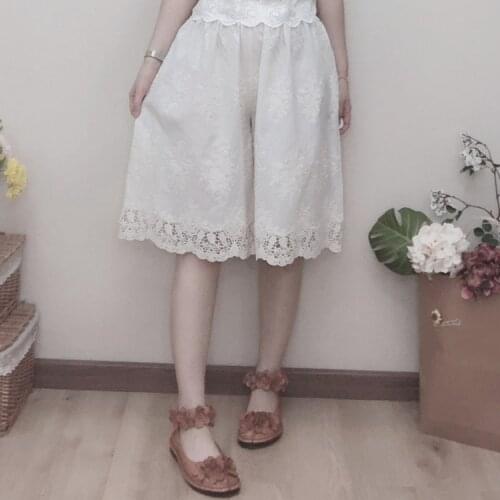 Mori Girl Sweet Cotton Embroidery Loose Elastic Waist Pants Women Wide Leg Short Trousers Harajuku Vintage Hippie Pantalon Femme