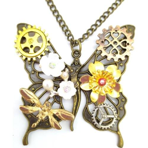 Cykopv 2019 Latest Development Flower Clusters Decorated Butterfly Fairy Pendant Necklace Vintage Steampunk Gears Jewelry