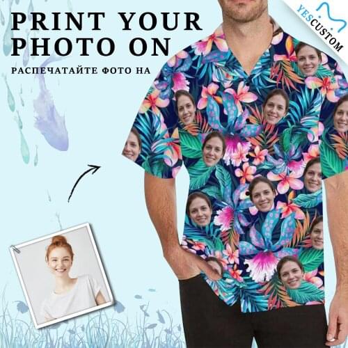 YesCustom T-Shirt Colorful Flowers Custom Face Photo Cardigan Beach Tee Printed Oversize Hawaiian Shirt Floral Blouses Tops