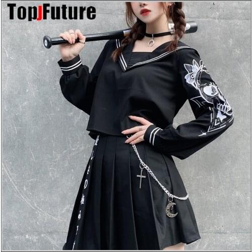 Gothic Lolita cosplay costume Japanese sailor suit Japanese college JK Butterfly Embroidery bad girl black skull embroidery