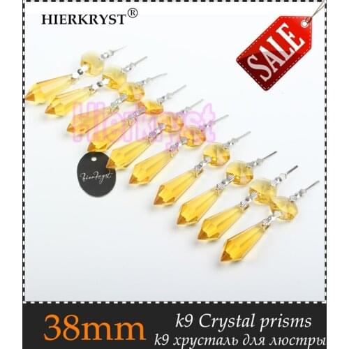 HIERKRYST 100 pcs/lot Golden Chandelier Glass Crystals Lamp Prisms Parts icicle Hanging Pendants 38mm 1.49" #1910-2
