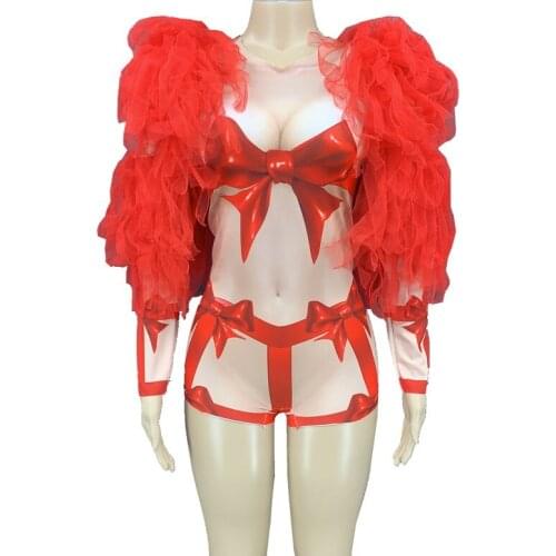 Nightclub Party Prom Nude Spandex Lace Sleelve Bodysuit Women Sexy Bow Stage Dance Leotard Show Girl Singer Performance Clothing