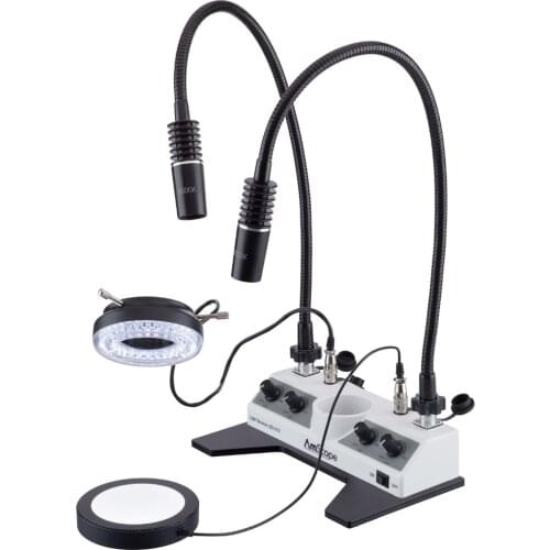 AmScope LED Illuminator Set with Stage-plate Ring Light two Gooseneck Lamps + Base Plate LED-312W-2GOP-PB