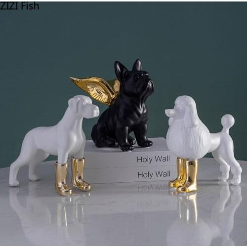 Creative Ceramic Animal Sculpture Bulldog Poodle Crafts Figurine Desktop Decoration Electroplating Golden Abstract Animal Dog
