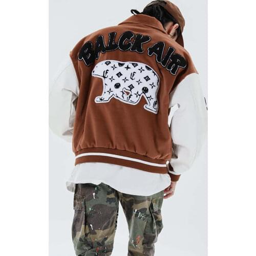 MADEEXTREME Patchwork Color Block Jackets Mens Harajuku Streetwear Bomber Jacket Men Baseball Coats Brown outerwear 783