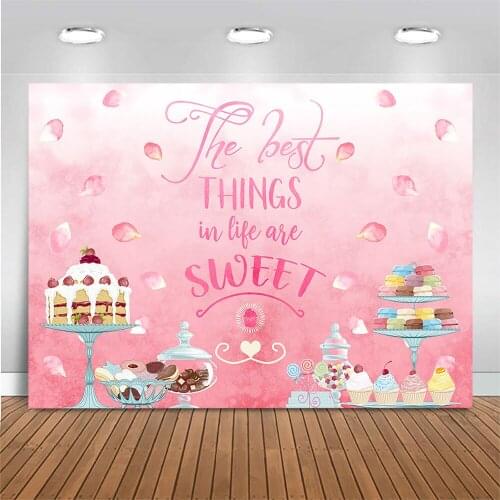 Sweet Themed Photography Background Cake Macaron Chocolate Lollipop Backdrop Birthday Party Photo Background Decor Banners Pink