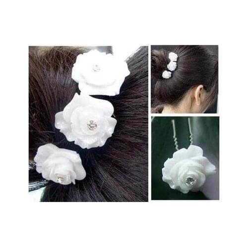 FASHION 100PCS WEDDING BRIDAL WHITE ROSE CRYSTAL HAIR PINS PROM NEW