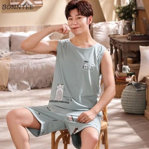 Men Pajama Sets Cartoon Printed Fashionable Lovely Sleepwear Loose Leisure Cotton Cozy Soft Lounge Wear Ulzzang Sleeveless L-3XL