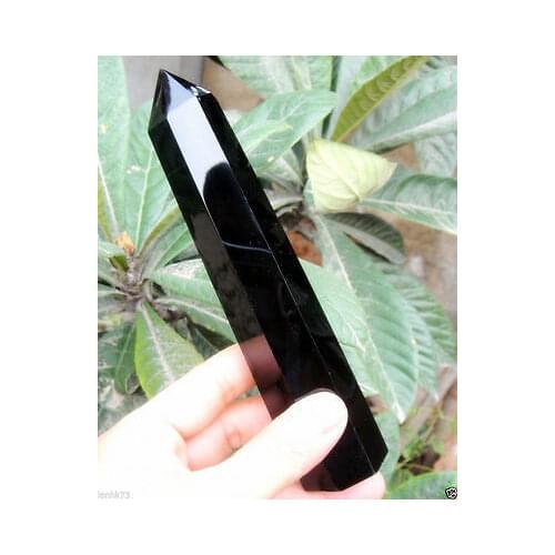 Real Big Natural Black Obsidian Quartz Crystal Single Terminated Wand Healing 15-16CM Decoration 100% Brass brass