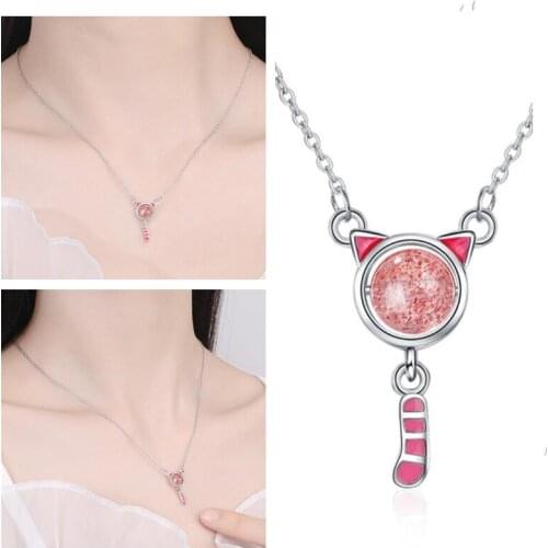 Cute Strawberry Crystal Cat Pendant Necklaces For Girl Birthday Gift Fashion Lady Silver 925 Necklaces Female Choker Accessories
