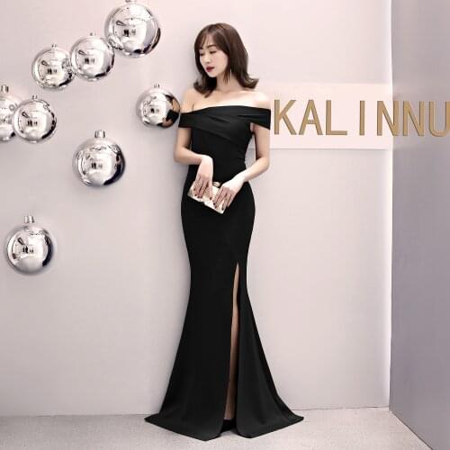 Off The Shoulder Simple Long Mermaid Elegant White Formal Prom Dress Fashion High Slit Backless Black Evening Party Gown