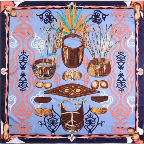 Manual Hand Rolled Twill Silk Scarf Women Indian Sacrifice Print Square Scarves Wraps Echarpe Foulards Femme Bandana Hijab 90CM