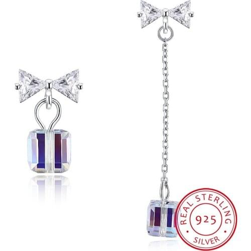 LEKANI Crystal 925 Sterling Silver Asymmetric Stud Earring Square Cube Bowknot Earring Fine Jewelry Gift Brincos