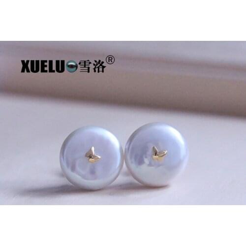 13-14mm Fashion Coin Baroque Natural Cultured Fresh Water Pearl Stud Earrings for gift