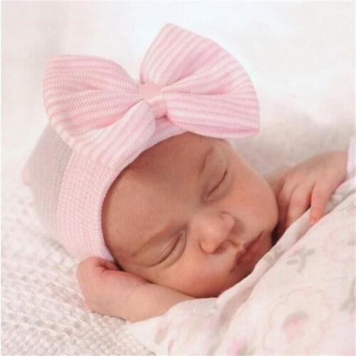 2021 Cute Big Bow Striped Baby Hat Female Baby Knit Hat 0-3 Months Newborn Baby Hooded Warm Hat