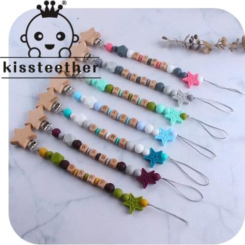 Kissteether Personalized Name Handmade Pacifier Clips Holder Chain Silicone Pacifier Chains Star Baby Teether Teething Chain