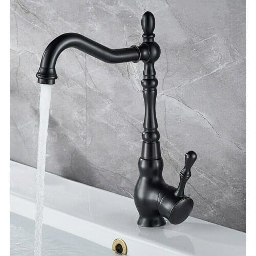 Kitchen Faucets Black Brass Deck Mount Bathroom Faucet Single Handle 360 Rotate Basin Sink Mixer Taps Hot and Cold Water Mixers