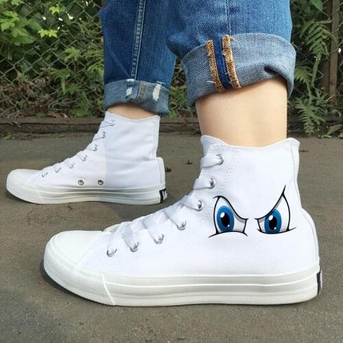Wen Original Design Cartoon Eyes Pattern Unisex Rope Soled Shoes High Top White Black Canvas Sneakers Boy Girl for Skateboarding
