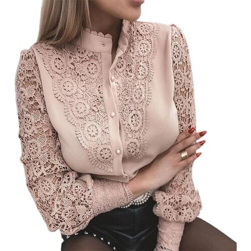 Women Shirt Solid Color Lace Patchwork Spring Summer Single-breasted Stand Collar Office Lady Blouse for Dating