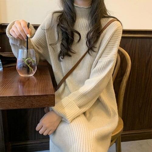 Women Autumn Winter Basic Turtleneck Long Sleeve Long Sweater Dress Knitted Pullover Straight Split Dress Plus Size Solid Color