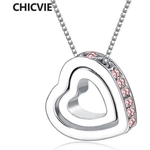 CHICVIE Double Heart Crystal Chain Necklace&Pendants For Women Wedding Jewelry Silver Necklace Statement Long Necklace SNE190074