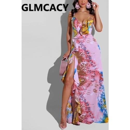 Women Spaghetti Strap Ruffle Design Backless Maxi Dress