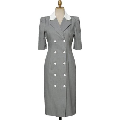 European And American Fashion Professional Ladies Dress Slim Temperament Suit Collar Double Breasted Short Sffice Girl Dress