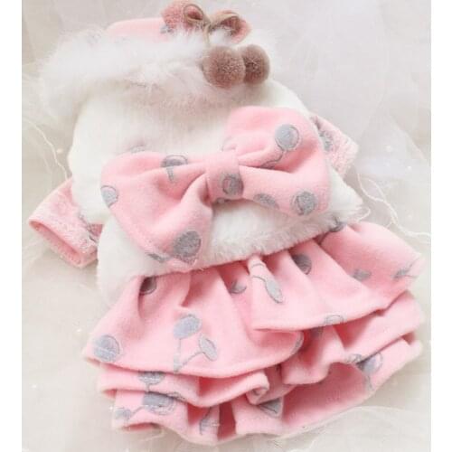 Free Shipping High Quality Handmade Faux Fur Collar Detachable Bow Pink Dot Dog Coat Dresses White Vest Pet Clothes Winter