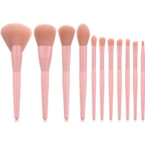 BIIIYI 11pcs with wooden handle face eyes and lips pink makeup brush set powdery eye shadow eyebrows and eyelashes makeup brus