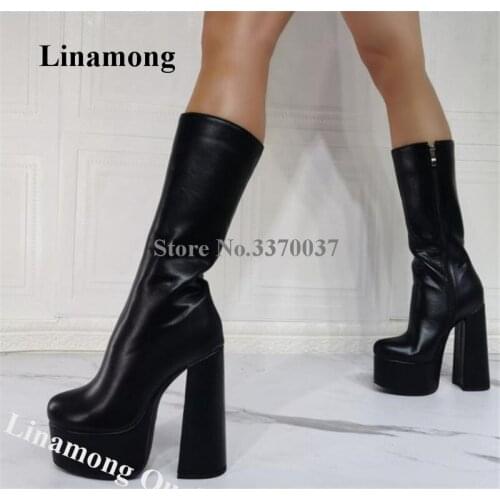 Linamong New Arrival Round Toe High Platform Chunky Heel Mid-calf Boots Slim Style Black Pink Leather Thick Heel Short Boots