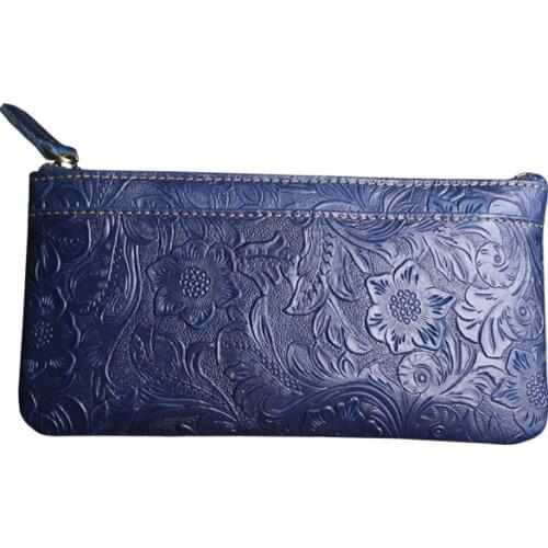 Genuine Leather Long Women Wallet Original Flower Design Zipper Storage Purse Hasp Phone Bag For Men Clutch Handbags Hand Bag