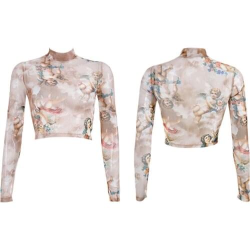 Women Spring Long Sleeves Bodycon Crop Top Mock Neck Romantic Colored Angel Cupid Floral Printing T-ShirtSee Through Mesh Party