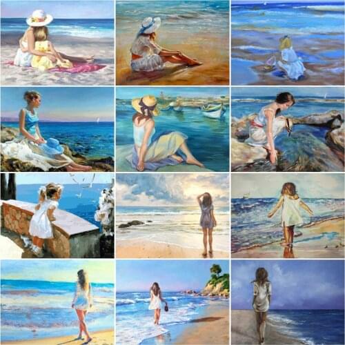 HUACAN Coloring By Numbers Girl Oil Painting Art Gift DIY Paint By Number Beach Landacape Kits Home Decoration