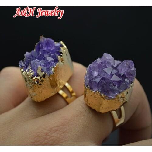 5pcs Natural Uruguay Druzy Purple Crystal Finger Rings Gold Color Adjustable Ring For Men And Women Party Jewelry