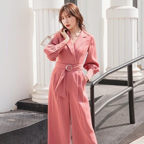 YIGELILA Autumn New Arrivals Pink Jumpsuits Turn Down Collar With Belt Jumpsuits Office Lady Lantern Sleeves Jumpsuits 5905